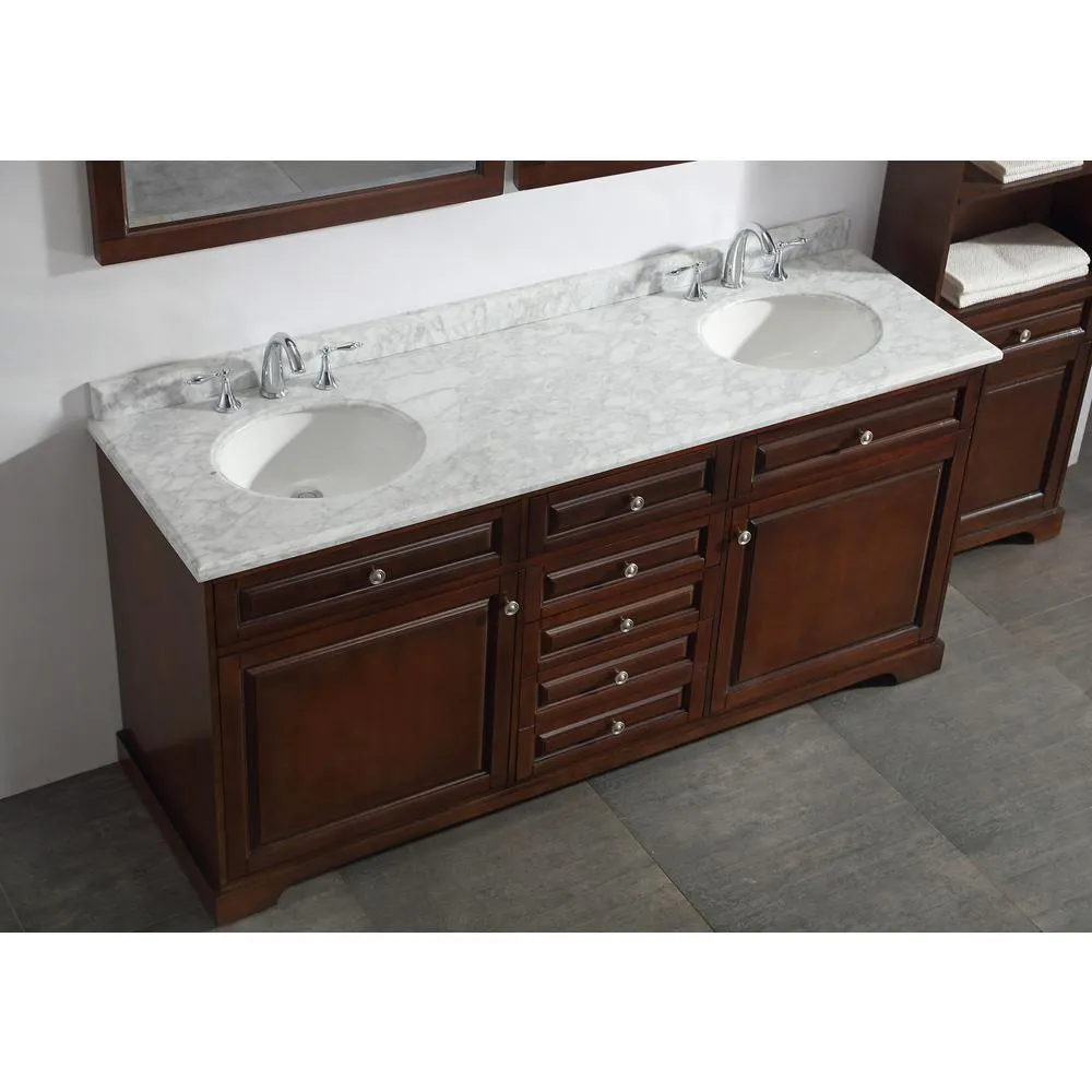 Highclere 72 in. W x 22 in. D Double Bath Vanity in Cocoa with Natural Carrara Marble Vanity Top in White, photo 2 of 3