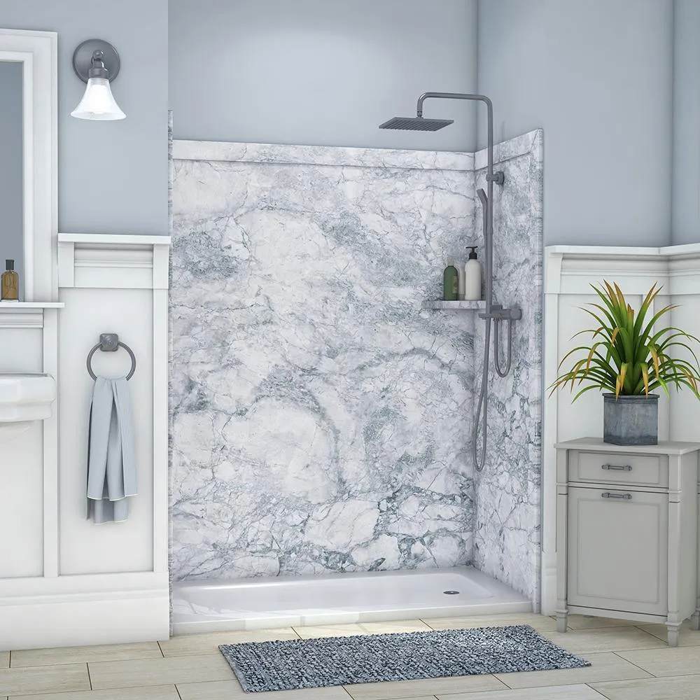 FlexStone Royale 36 in. x 60 in. x 80 in. 11-Piece Easy Up Adhesive Alcove Bathtub/Shower Wall Surround in Calacatta White, photo 26 of 26