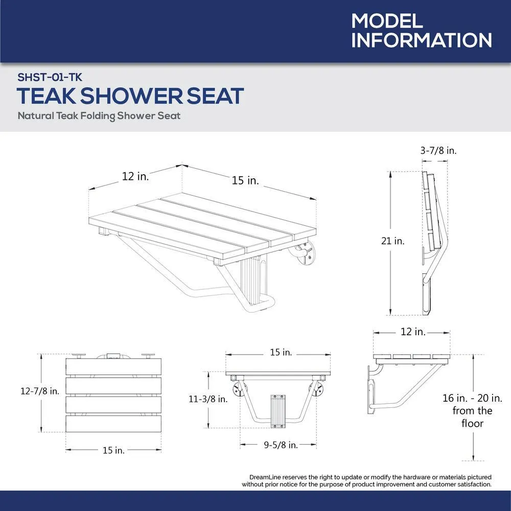 DreamLine 12-7/8 in. x 15 in. Natural Teak Wood Folding Shower Seat, Chrome Hardware, photo 2 of 2