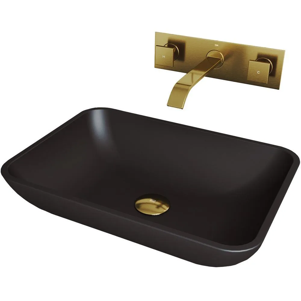 VIGO Sottile Glass Vessel Bathroom Sink in Black with Titus Faucet in Matte Gold, photo 2 of 3