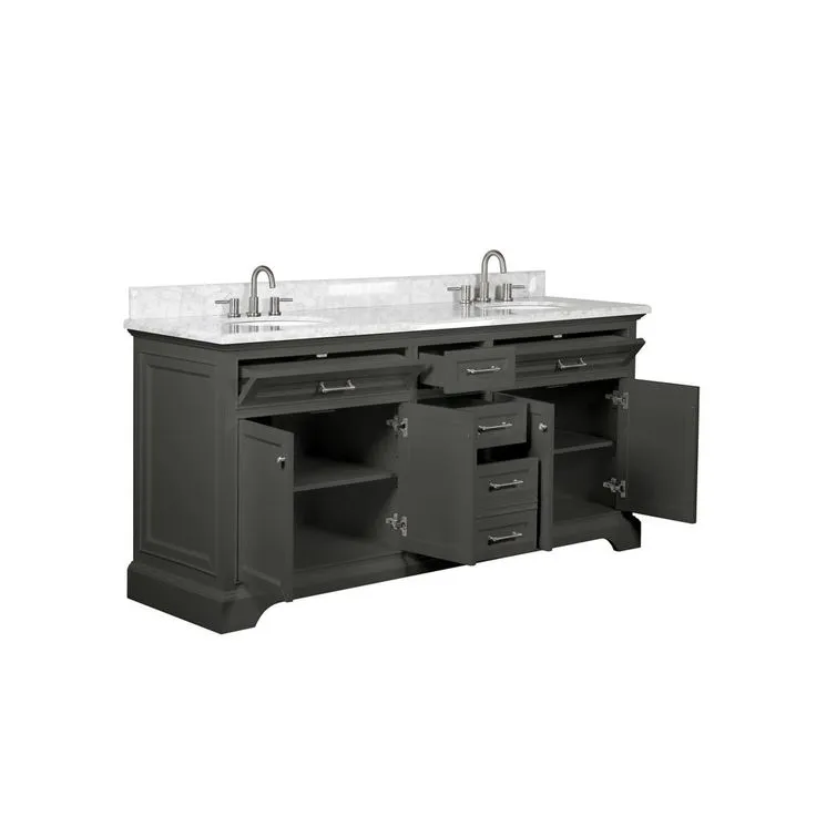 Windlowe 73 in. W x 22 in. D x 35 in. H Bath Vanity in Gray with Carrara Marble Vanity Top in White with White Sink, photo 10 of 15