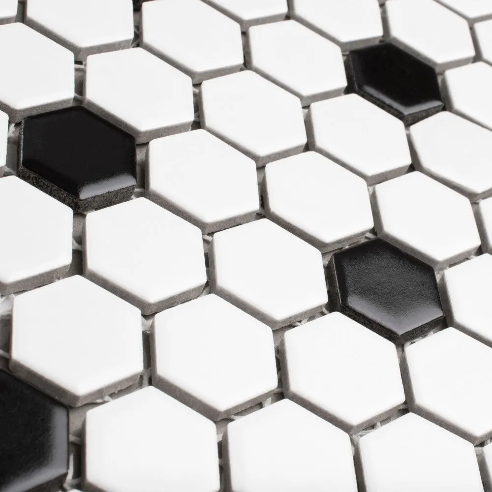 Merola Tile Madison Hex Matte 11-7/8 in. x 10-1/4 in. x 6mm Cool White with Black Dot Porcelain Mosaic Tile, photo 3 of 8