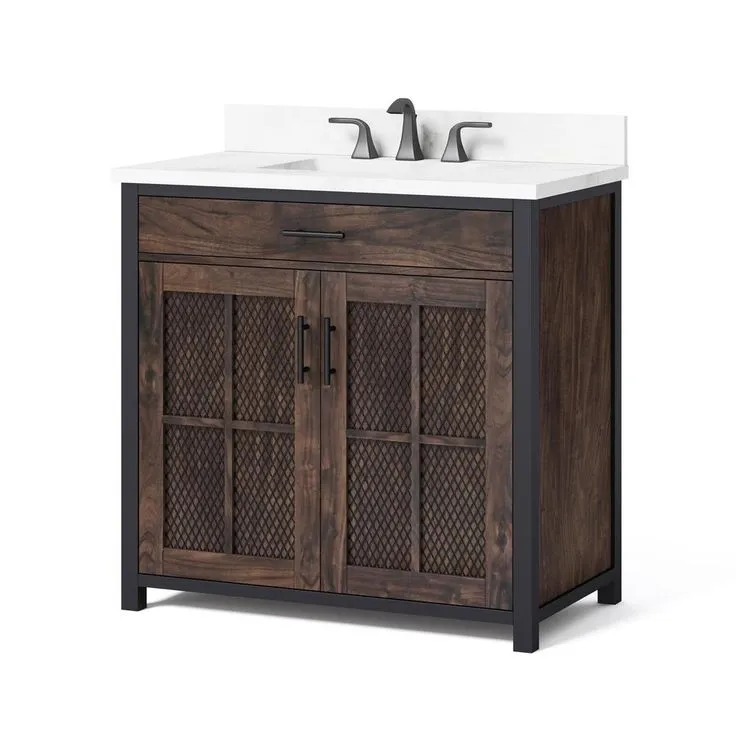 Drysdale 36 in. Wx 34.5 in. H Bath Vanity in Sable with Engineered Stone Vanity Top in Lgt Vein Carrera with White Basin, photo 4 of 10