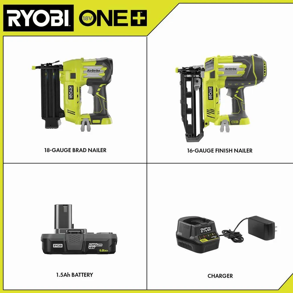 RYOBI 18V ONE+ Cordless AirStrike 18-Gauge Brad Nailer, 16-Gauge Straight Finish Nailer Kit w/(1)1.5Ah Battery and Charger, photo 2 of 15