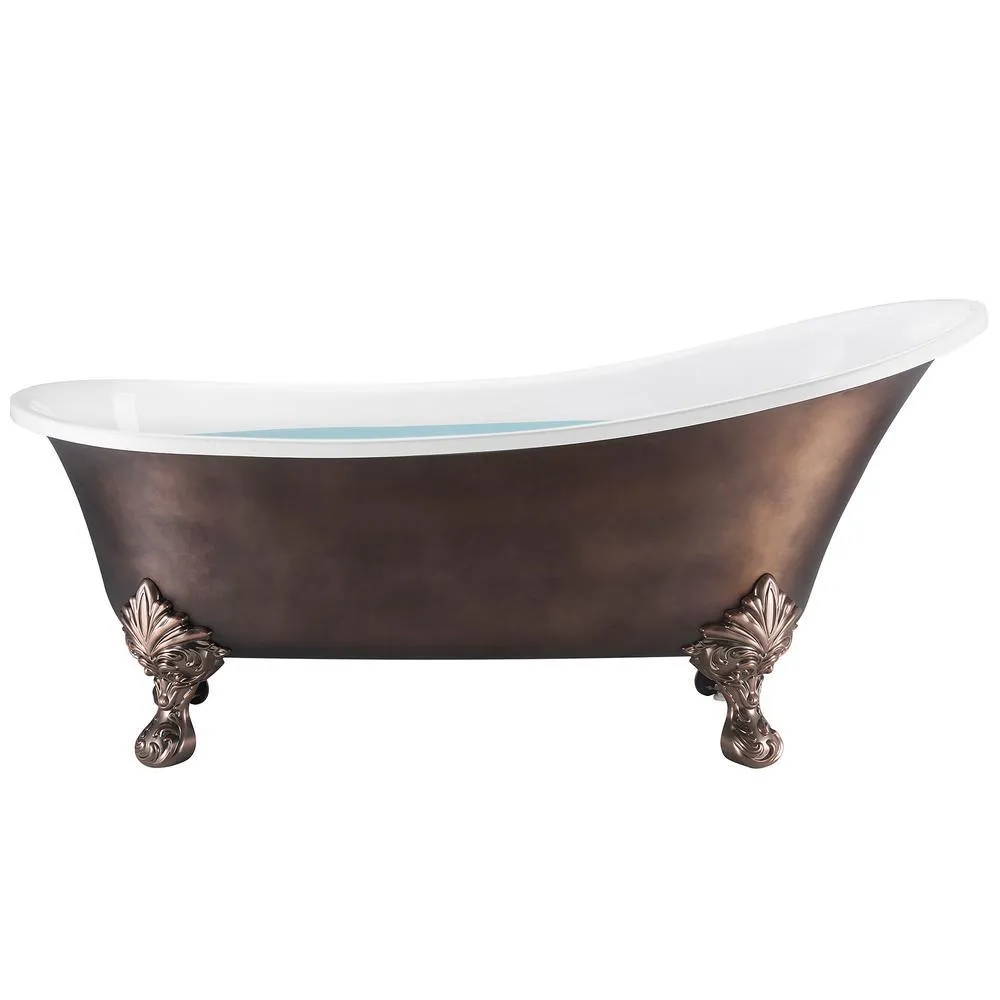 69 in. Acrylic Double Slipper Clawfoot Non-Whirlpool Bathtub in Matte Antique Brass, photo 3 of 9