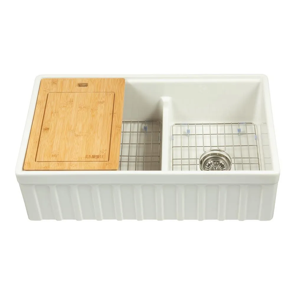 Yorkshire Farmhouse Fireclay 33 in. 55/45 Double Bowl Kitchen Sink with Cutting-Board, Grid and Strainer in White, photo 3 of 8