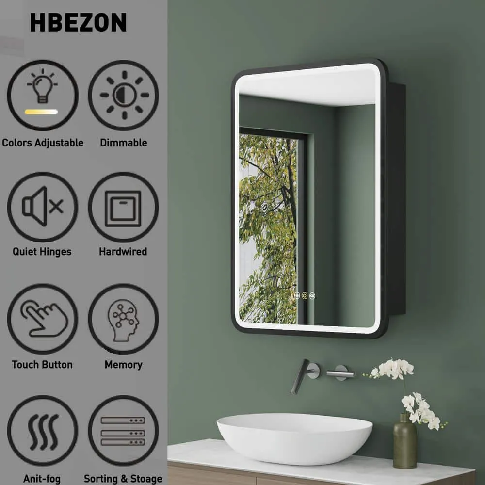 HBEZON Thalia 20 in. W x 28 in. H Rectangular Iron Black Recessed Medicine Cabinet with Mirror, LED Lighting, Anti-fog, photo 2 of 7