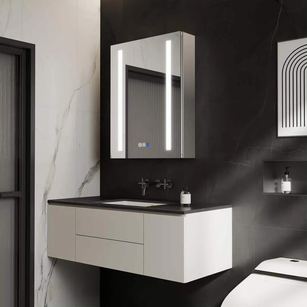 GroGro Glare 20 in. W x 26 in. H Rectangular Aluminum Recessed/Surface Mount Left Open Medicine Cabinet with Mirror LED, photo 11 of 11