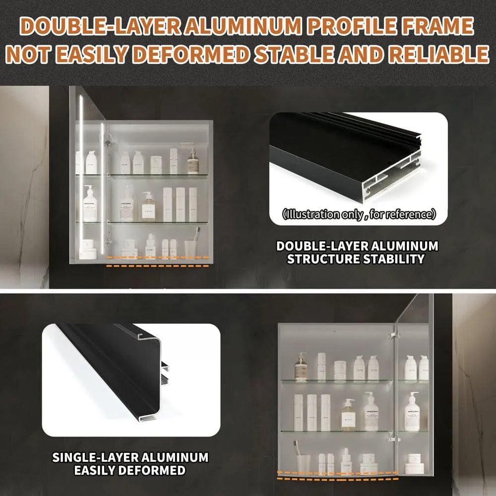 GroGro Glare 20 in. W x 26 in. H Rectangular Aluminum Recessed/Surface Mount Left Open Medicine Cabinet with Mirror LED, photo 7 of 11