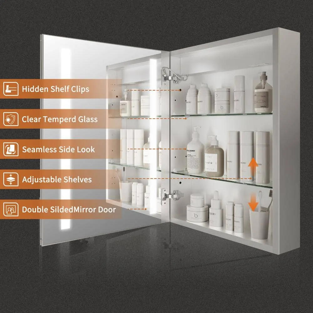 GroGro Glare 20 in. W x 26 in. H Rectangular Aluminum Recessed/Surface Mount Left Open Medicine Cabinet with Mirror LED, photo 5 of 11