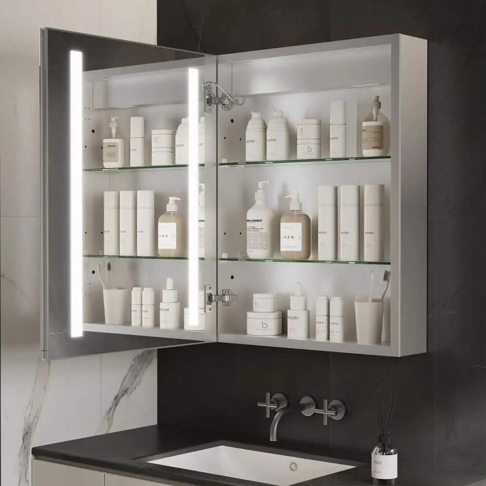 GroGro Glare 20 in. W x 26 in. H Rectangular Aluminum Recessed/Surface Mount Left Open Medicine Cabinet with Mirror LED, photo 4 of 11