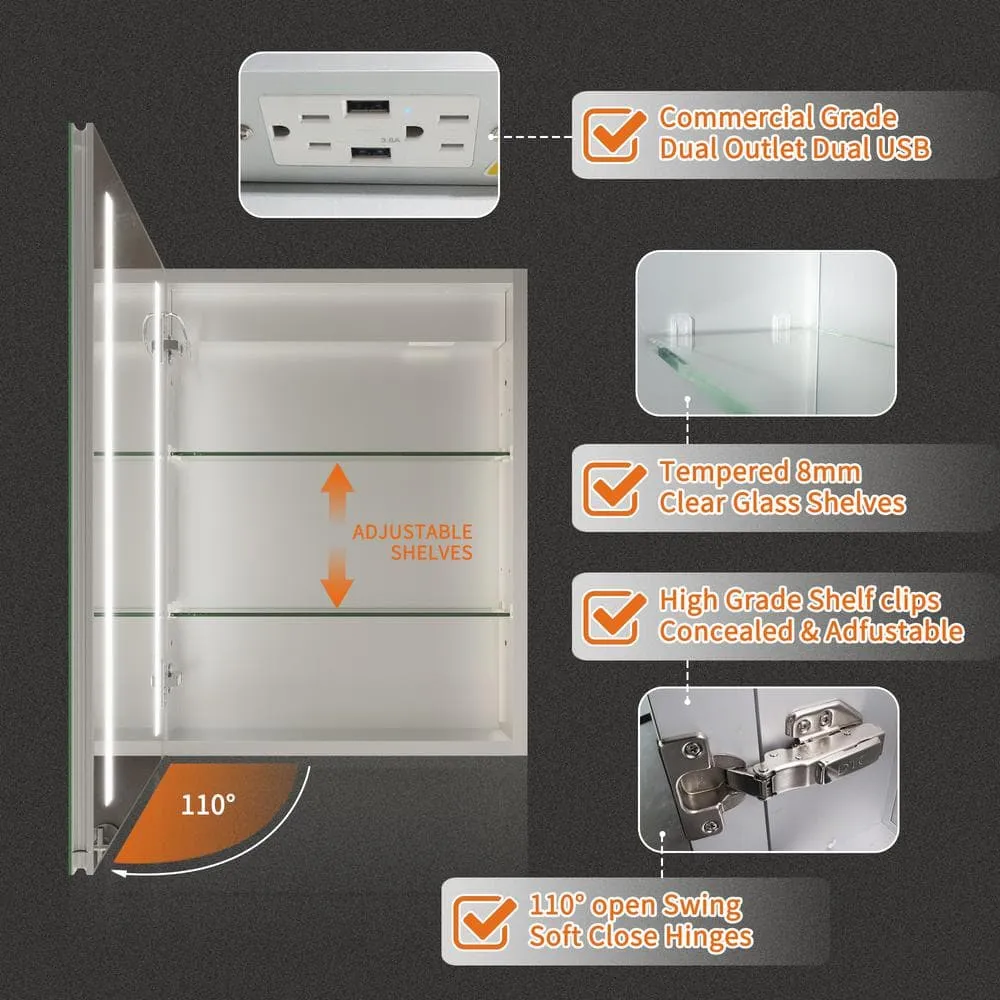 GroGro Glare 20 in. W x 26 in. H Rectangular Aluminum Recessed/Surface Mount Left Open Medicine Cabinet with Mirror LED, photo 6 of 11