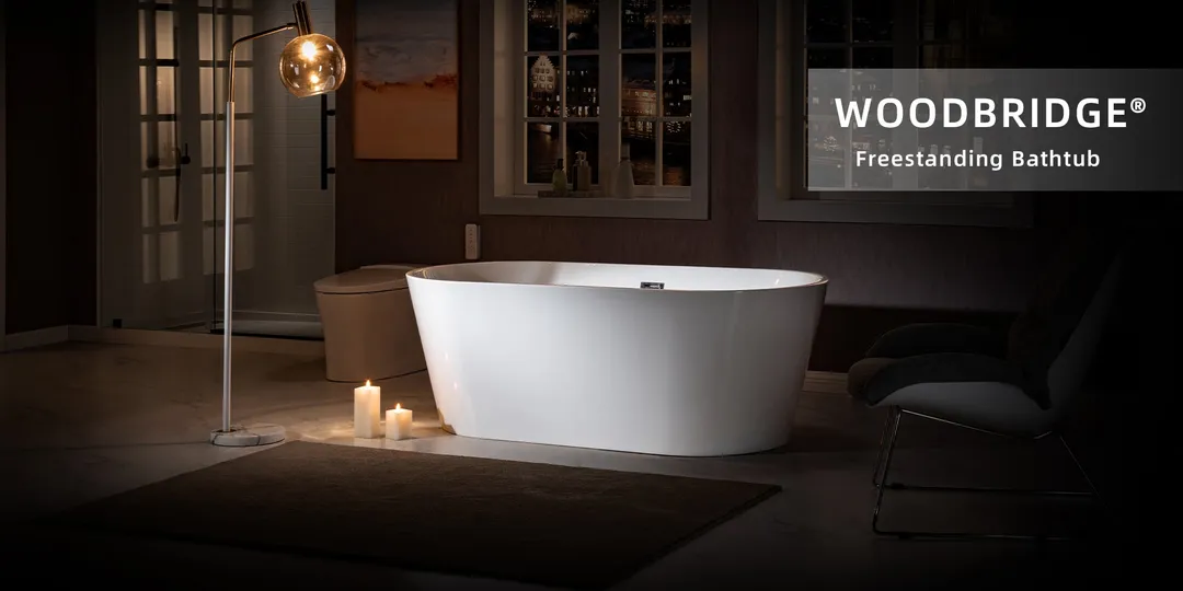 WOODBRIDGE 67 in. L x 31.5 in. W Acrylic Freestanding Flat-Bottom Soaking Bathtub, White, with Brushed Nickel Overflow & Drain, photo 6 of 6