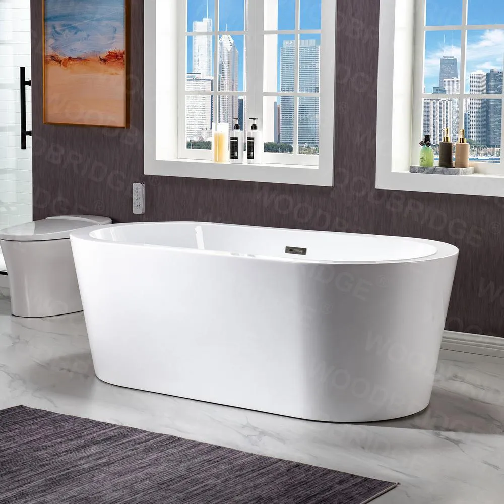 WOODBRIDGE Vienna 66 in. Acrylic Freestanding Double-Ended Soaking Bathtub with Drain and Overflow Included in White, photo 5 of 22