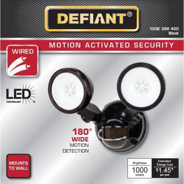 Defiant 180° Black Motion Activated Outdoor Integrated LED Twin Head Flood Light, photo 9 of 9