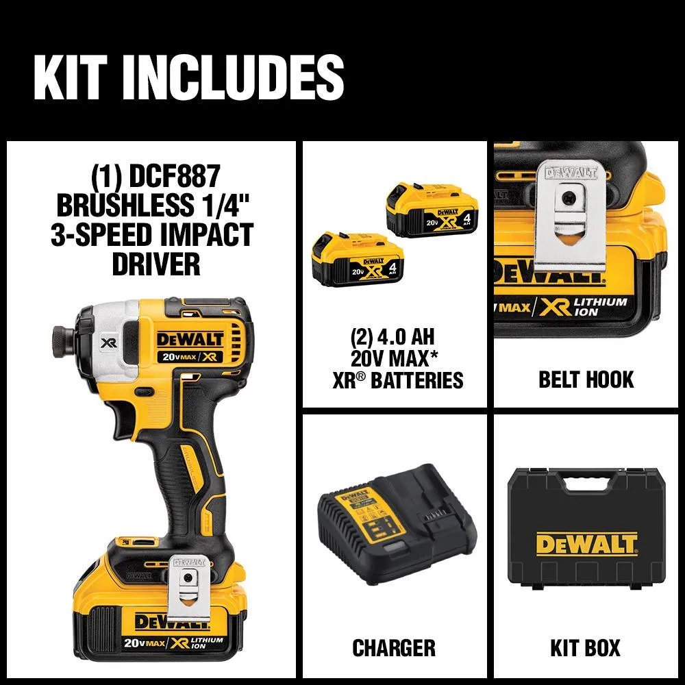 DEWALT 20-Volt MAX XR Lithium-Ion Cordless Brushless 1/4 in. Cordless 3-Speed Impact Driver with (2) Batteries 4Ah and Charger, photo 2 of 16