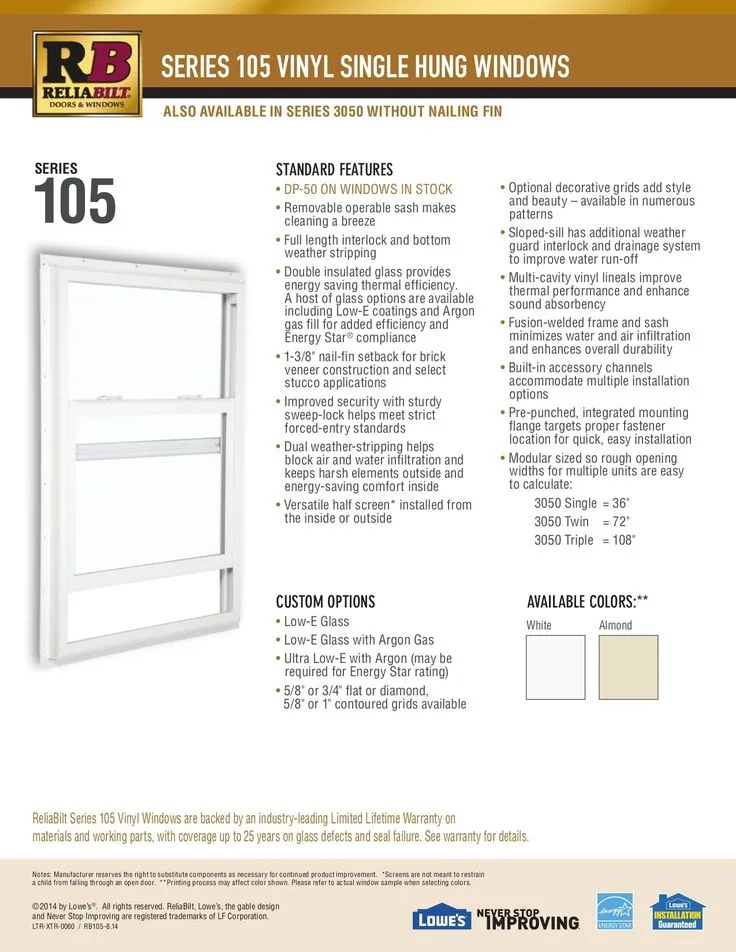 RELIABILT 105 Series New Construction 31-1/2-in x 59-1/2-in x 2-5/8-in Jamb White Vinyl Low-e Argon Single Hung Window with Grids Half Screen Included, photo 4 of 6