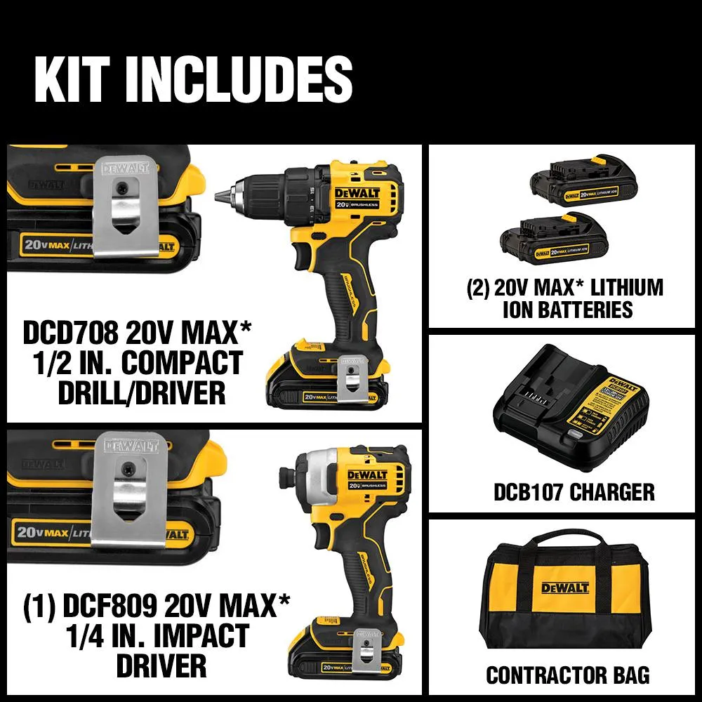 DEWALT ATOMIC 20-Volt MAX Lithium-Ion Brushless Cordless Compact Drill/Impact Combo Kit (2-Tool) 2 Batteries 1.3Ah and Charger, photo 2 of 14