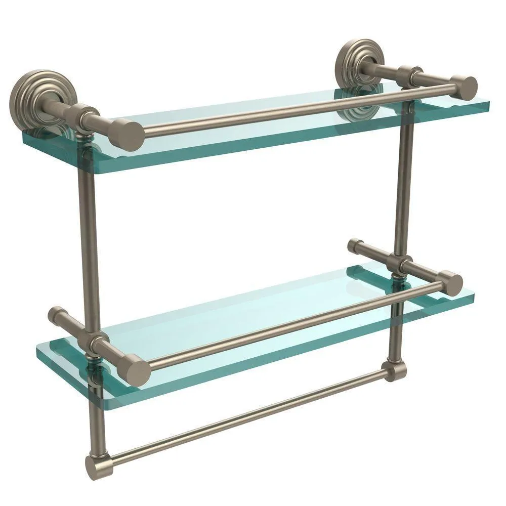 Allied Brass 16 in. L x 12 in. H x 5 in. W 2-Tier Gallery Clear Glass Bathroom Shelf with Towel Bar in Satin Chrome, photo 8 of 14