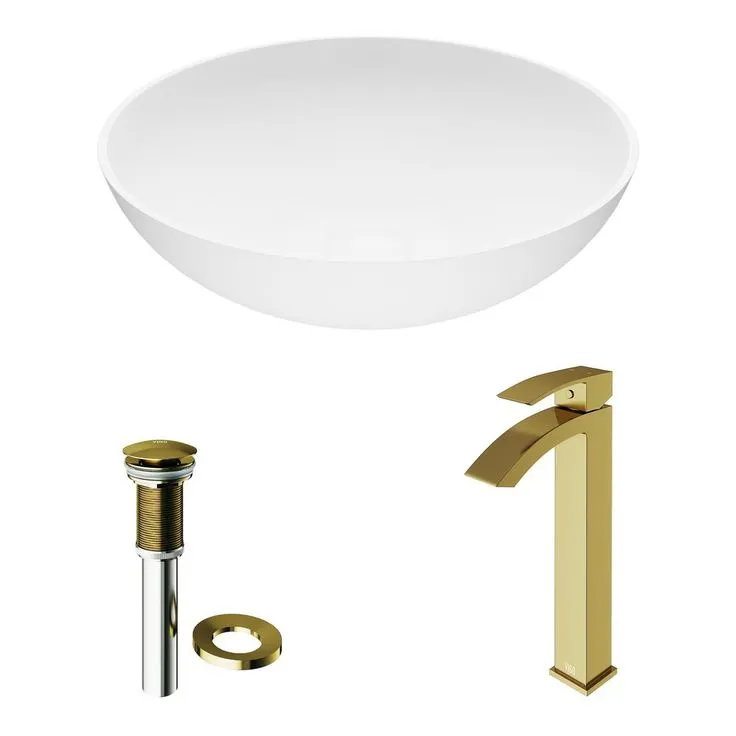 VIGO Lotus Matte Stone Vessel Bathroom Sink in White with Duris Faucet in Matte Gold, photo 4 of 10