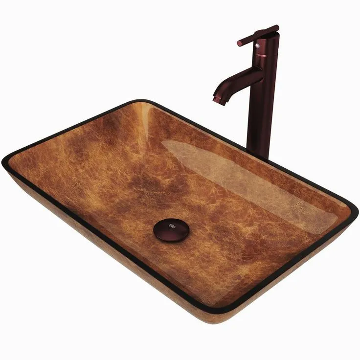 VIGO Rectangular Glass Vessel Bathroom Sink in Russet with Faucet Set in Oil Rubbed Bronze, photo 11 of 11