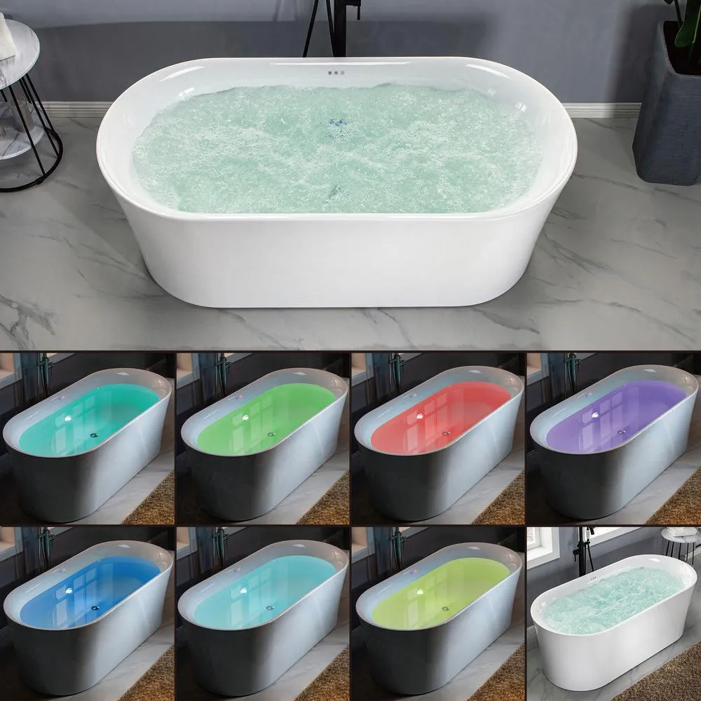 WOODBRIDGE Diana 67 in. Acrylic Freestanding Double-Ended Air Bath Bathtub with Drain & Overflow, White, photo 5 of 23