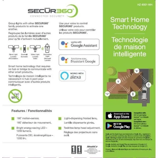 SECUR360 Wi-Fi Connected White Wired Single Head Voice Activated Motion Activated Outdoor LED Security Flood Light 1200 Lumens, photo 3 of 6