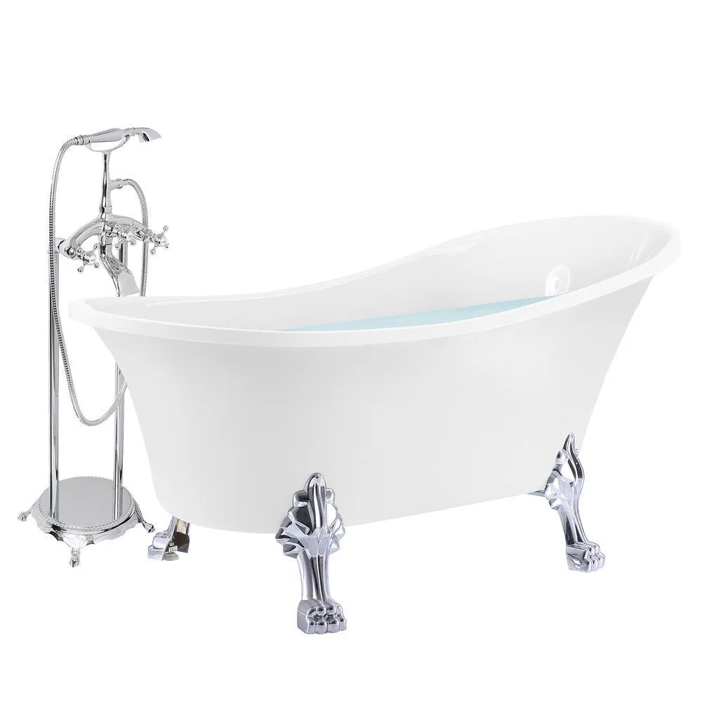 60 in. Fiberglass White Acrylic Clawfoot Tub for Bathtub with Tub Filler Combo - Modern Clawfoot Stand Alone Tub, photo 3 of 8