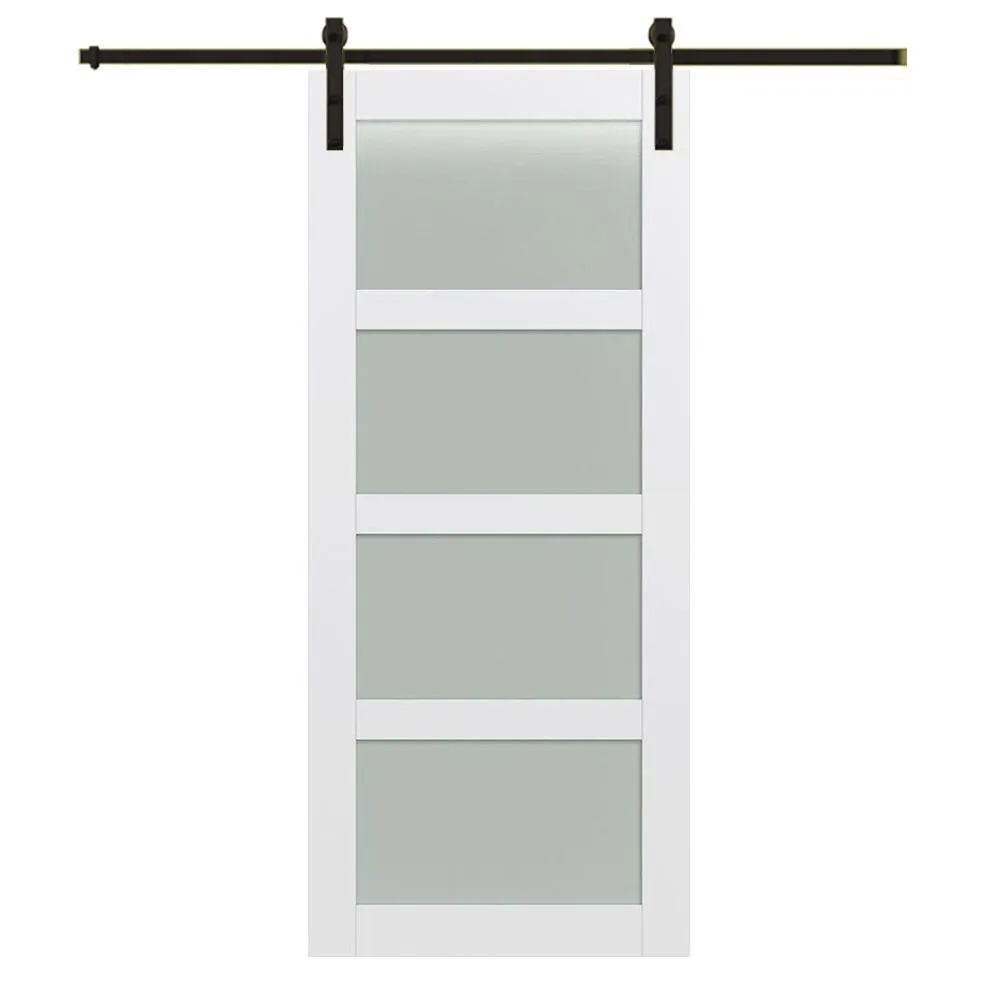 MMI Door 42 in. x 84 in. Shaker 4-Lite Frosted Glass Primed MDF Sliding Barn Door with Bent Strap Hardware Kit, photo 9 of 10