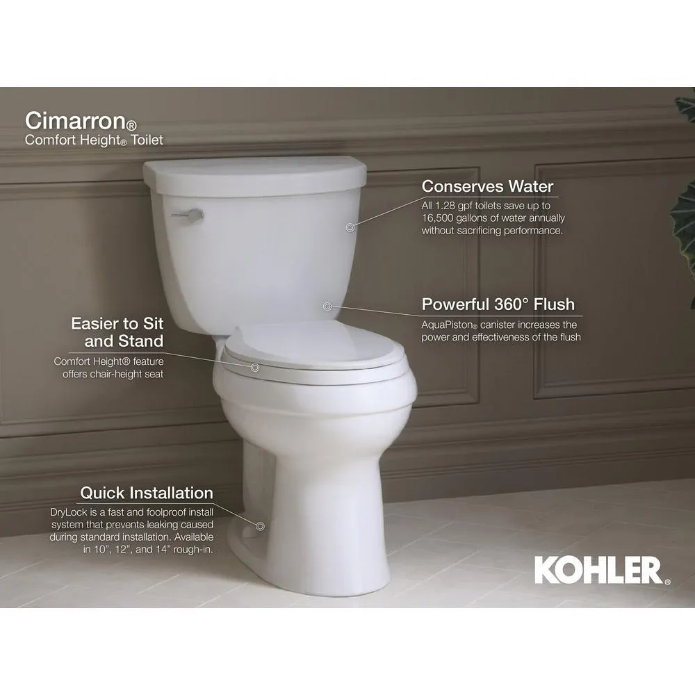 Cimarron Comfort Height 2-Piece 1.6 GPF Single Flush Elongated Toilet with AquaPiston Flushing Technology in White, photo 3 of 15