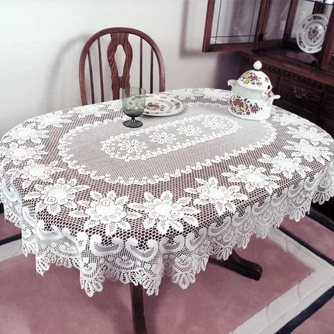 Rose Oval Off-White Polyester Tablecloth