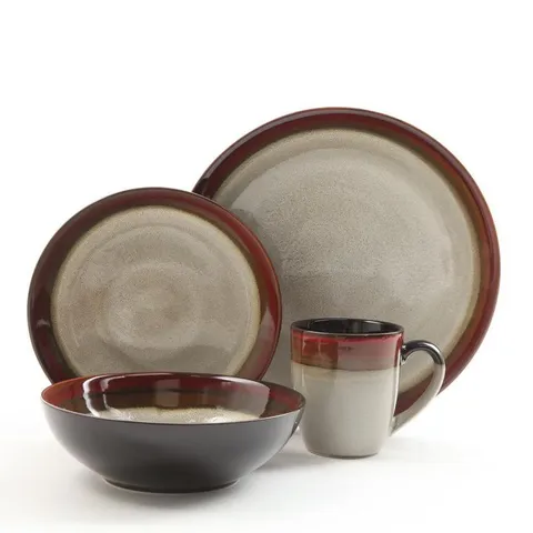 Couture Bands 16-Piece Modern Cream with red rim Stoneware Dinnerware Set