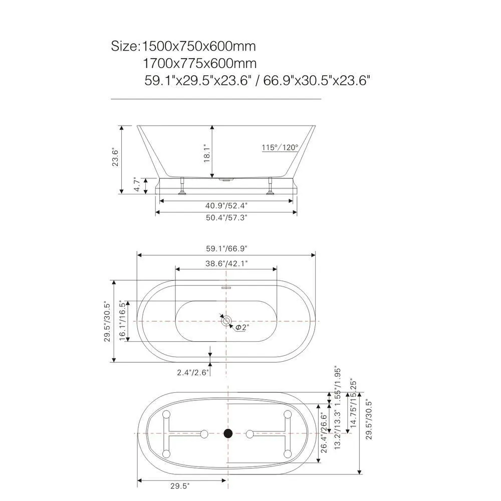 Versailles 59 in. Acrylic Flatbottom Freestanding Bathtub in White, photo 3 of 9