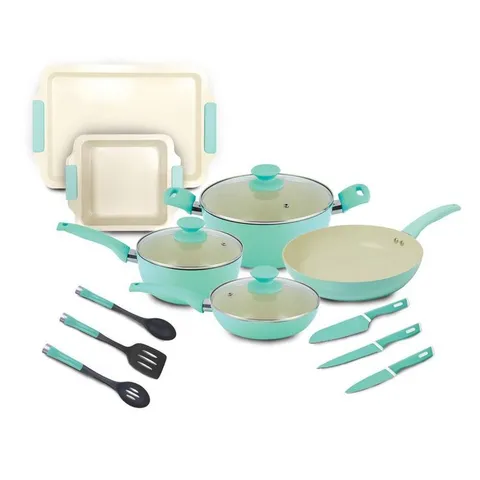 Crema Collection 15-Piece Aluminum Nonstick Cookware Set in Green