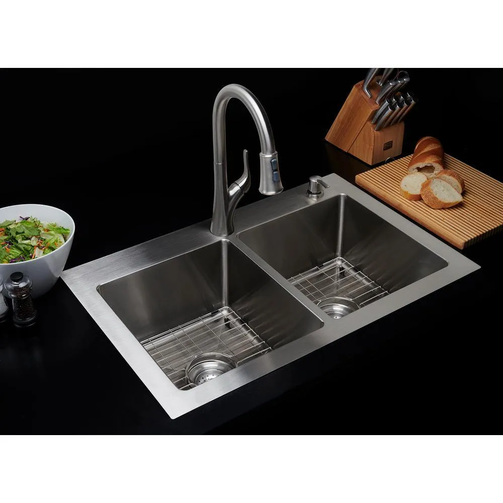 All-in-One Dual Mount Stainless Steel 33 in. 2-Hole 50/50 Double Bowl Kitchen Sink in Brushed Finish, photo 9 of 9