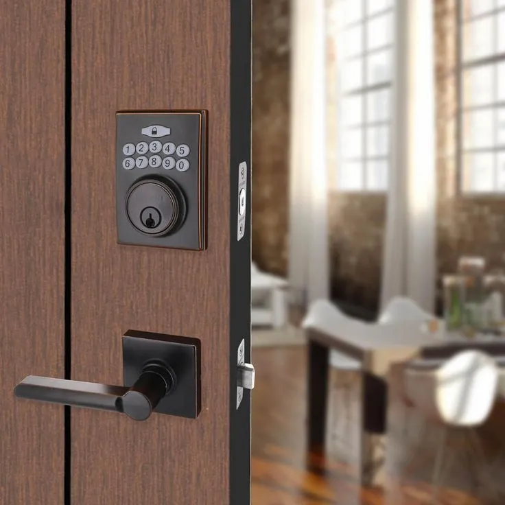 Square Aged Bronze Electronic Keypad Single Cylinder Deadbolt with Tonbridge Hall and Closet Door Lever Combo Pack, photo 3 of 9