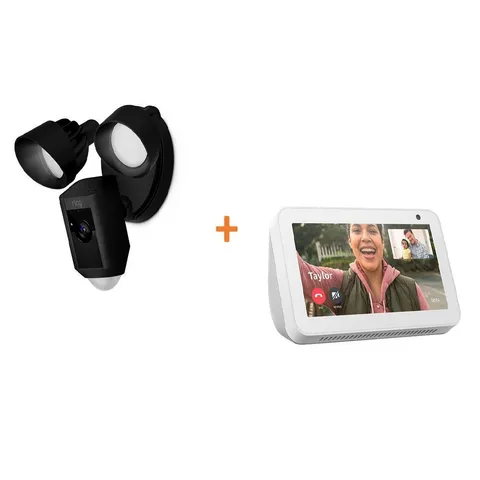 Wired Outdoor Wi-Fi Security Camera with Motion Activated Floodlight in Black with Echo Show 5 in Sandstone