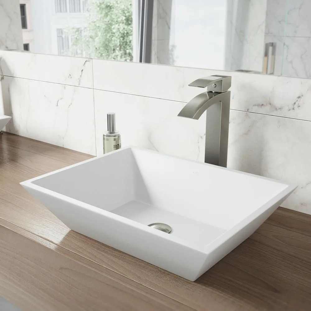 VIGO Vinca Matte Stone Vessel Bathroom Sink in White with Duris Faucet in Matte Gold, photo 4 of 4