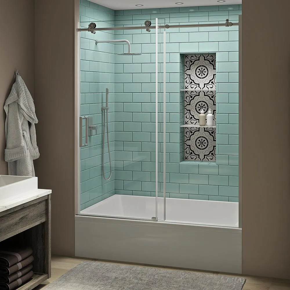 Coraline XL 56 - 60 in. x 70 in. Frameless Sliding Tub Door with StarCast Clear Glass in Brushed Gold, Left Opening, photo 16 of 23