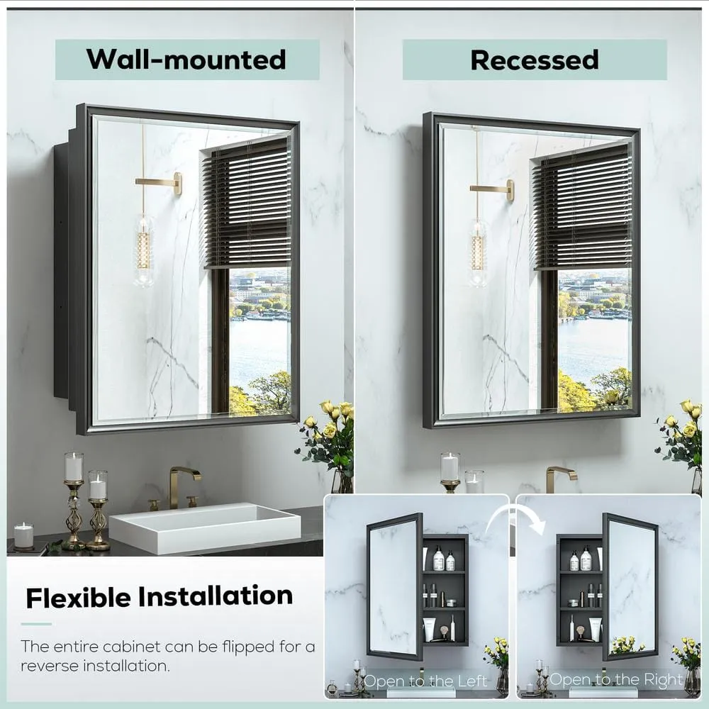 KeonJinn 24 in. W x 30 in. H Rectangular Brass Aluminum Alloy Black Framed Recessed/Surface Mount Medicine Cabinet with Mirror, photo 6 of 10