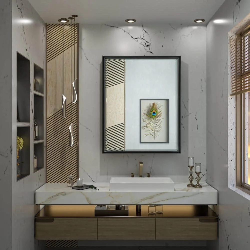 KeonJinn 24 in. W x 30 in. H Rectangular Brass Aluminum Alloy Black Framed Recessed/Surface Mount Medicine Cabinet with Mirror, photo 10 of 10