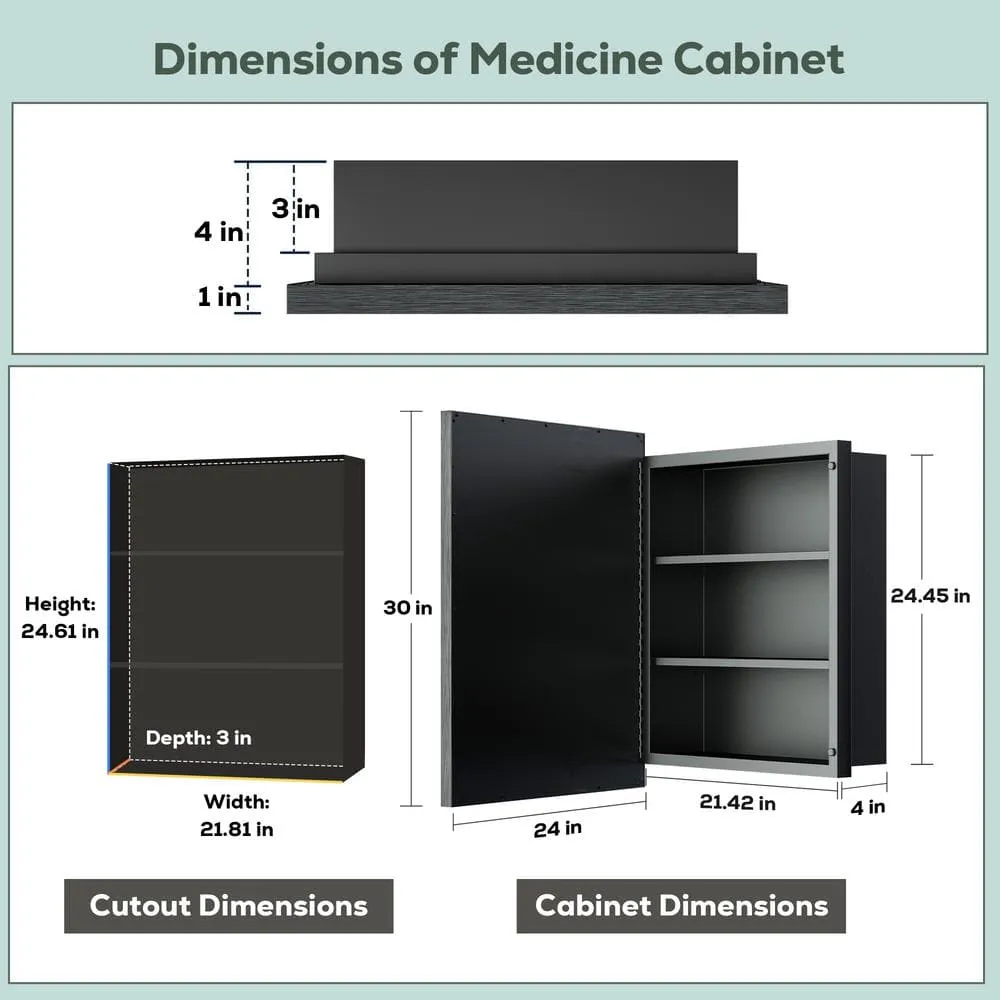 KeonJinn 24 in. W x 30 in. H Rectangular Brass Aluminum Alloy Black Framed Recessed/Surface Mount Medicine Cabinet with Mirror, photo 5 of 10