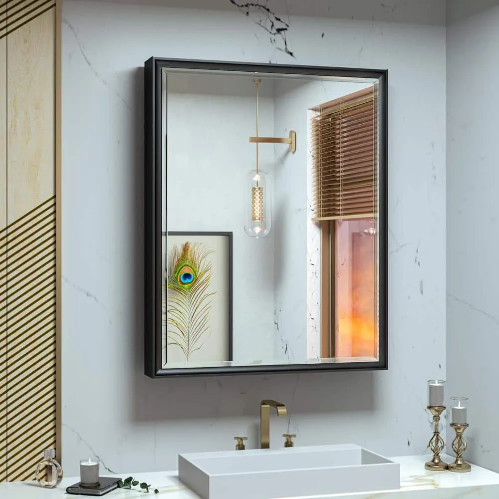 KeonJinn 24 in. W x 30 in. H Rectangular Brass Aluminum Alloy Black Framed Recessed/Surface Mount Medicine Cabinet with Mirror, photo 2 of 10