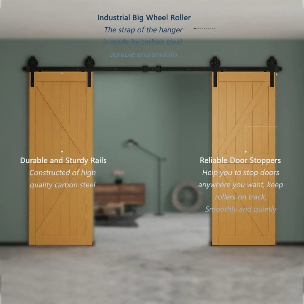 10 ft./120 in. Black Steel Sliding Barn Door Track and Hardware Kit for Double Doors with Floor GuideBigwheel J Shape), photo 4 of 6