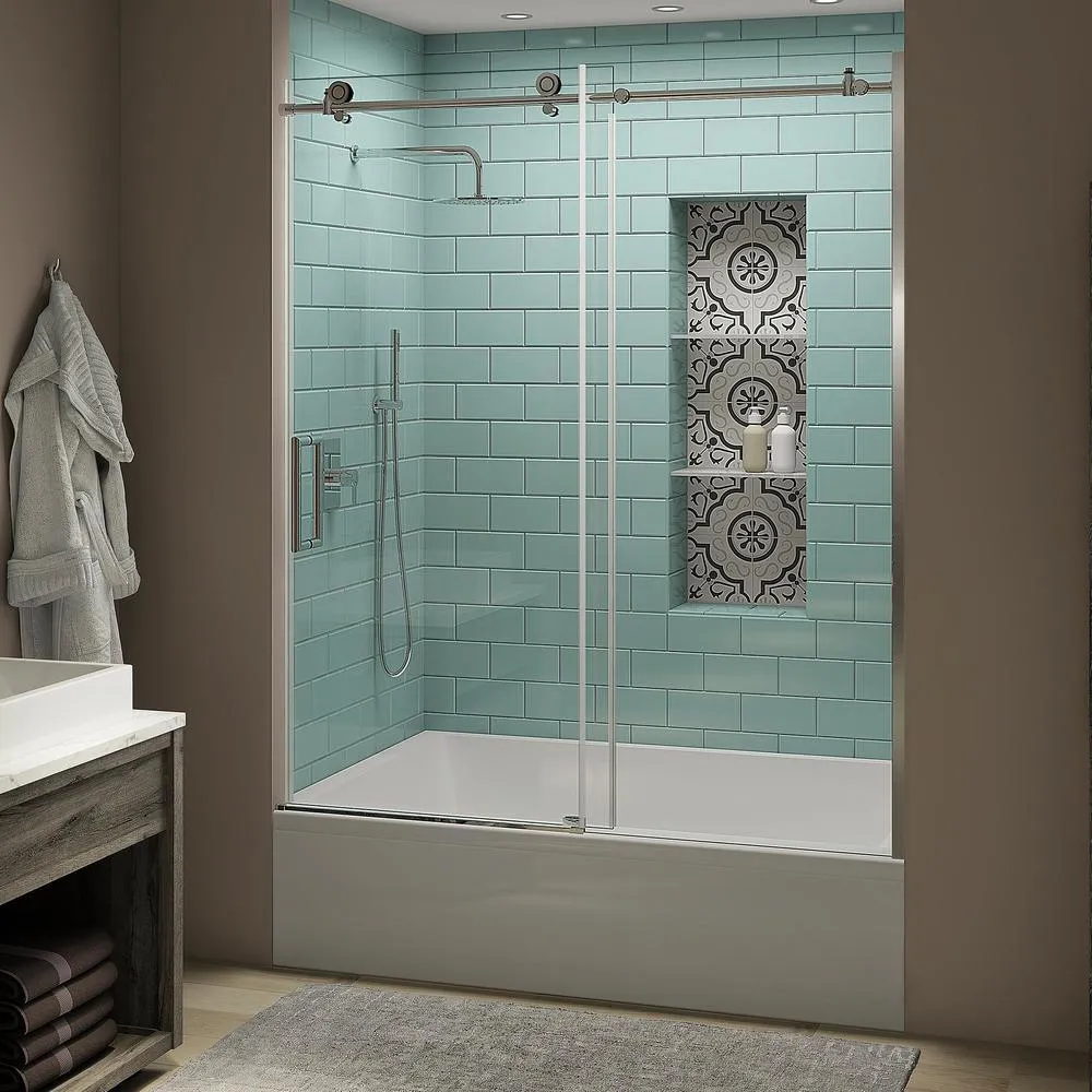 Coraline XL 56 - 60 in. x 70 in. Frameless Sliding Tub Door with StarCast Clear Glass in Brushed Gold, Left Opening, photo 17 of 23