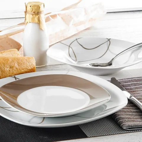 Nikita 18-Piece Casual Ivory White With Brown Lines Porcelain Dinnerware Set