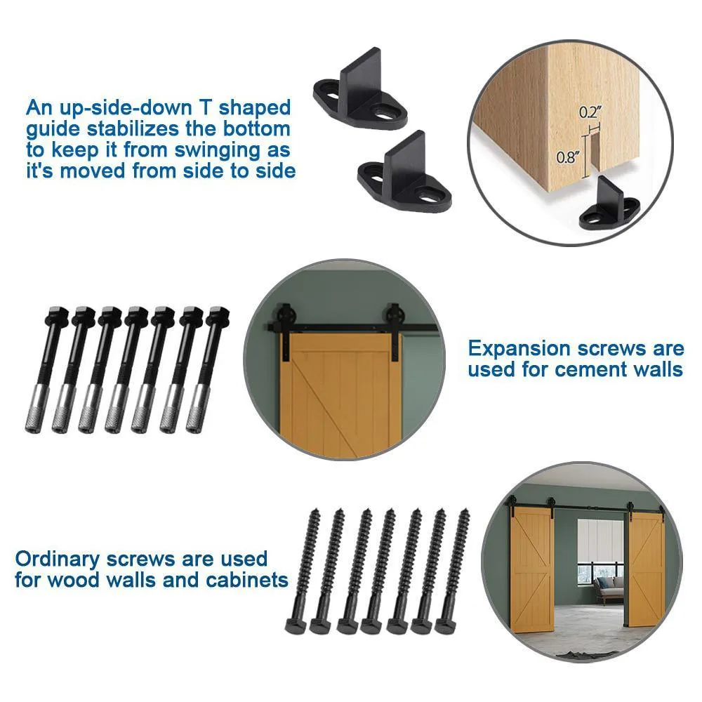 10 ft./120 in. Black Steel Sliding Barn Door Track and Hardware Kit for Double Doors with Floor GuideBigwheel J Shape), photo 3 of 6
