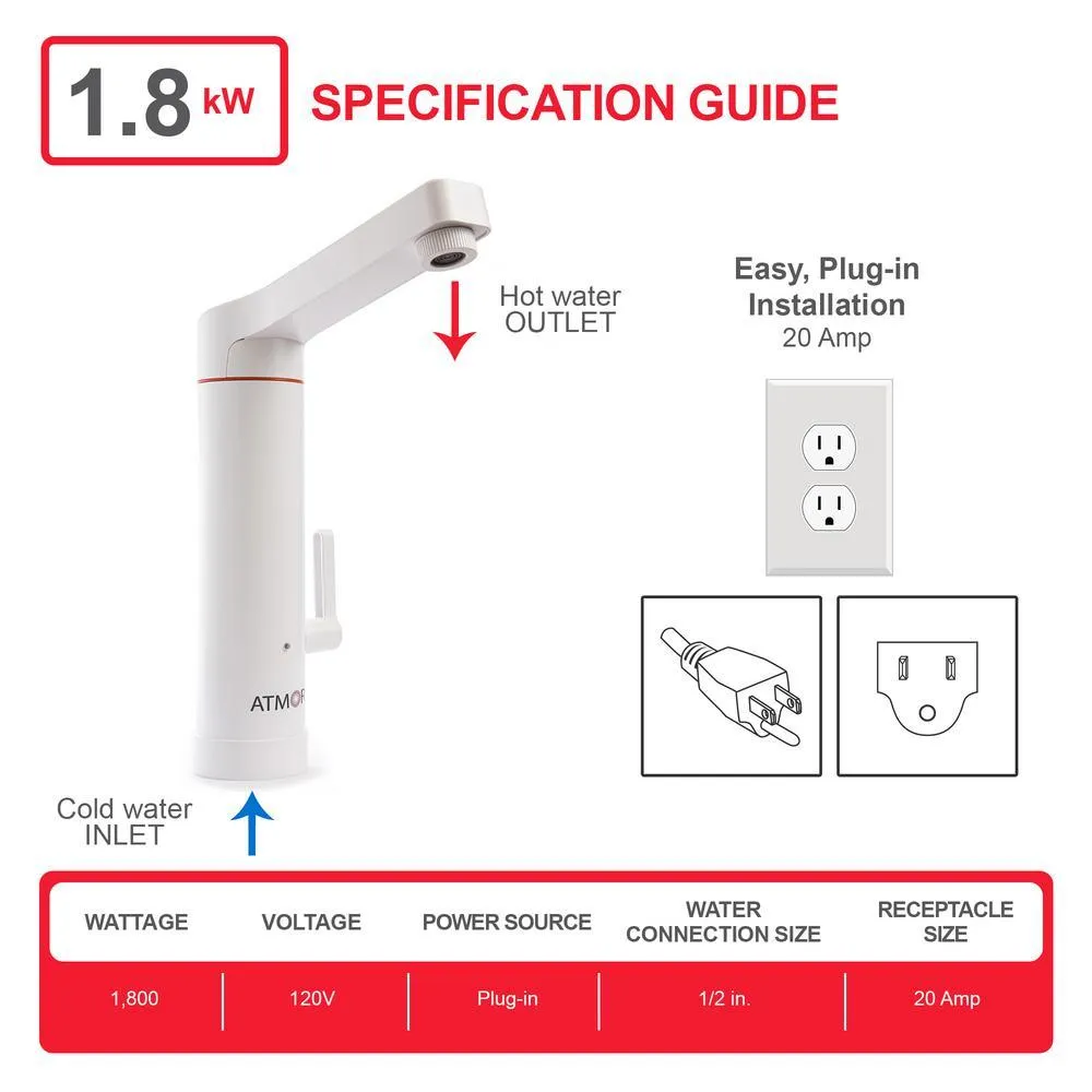 ATMOR 1.8kW 0.5 GPM 2-in-1 Electric Tankless Water Heater / Faucet - Plug-In, photo 3 of 7