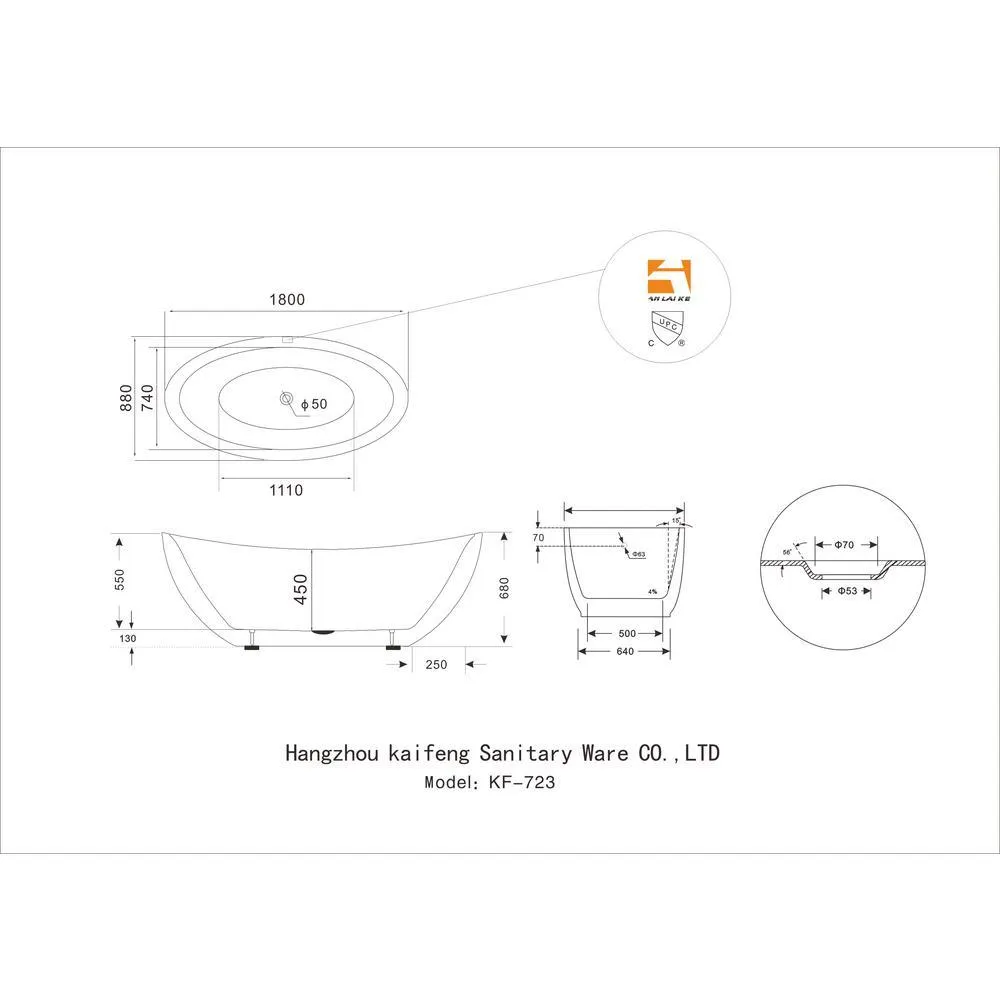 Oval 71 in. W x 36 in. D x 26 in. H Acrylic Flatbottom Freestanding Bathtub with Overflow, White (not Whirlpool), photo 7 of 9