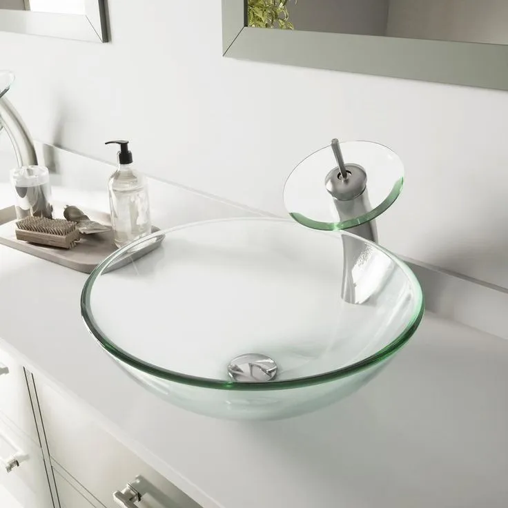 VIGO Glass Vessel Bathroom Sink in Clear Crystalline Glass with Waterfall Faucet Set in Brushed Nickel, photo 9 of 11